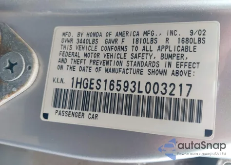 2003 Honda Civic Lx z USA, uszkodzony, nr VIN 1HGES16593L003217